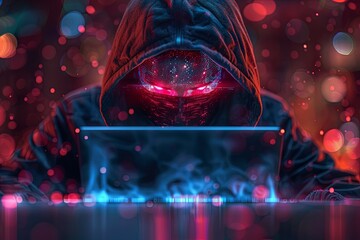 A hacker in a hoodie with a face mask using a laptop, in the style of cyber security concept on a dark blue background. A glowing digital hologram symbol of an online assault and preparing to meditate