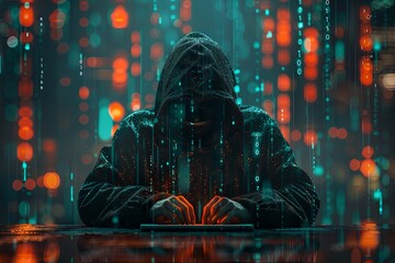 A hacker in a hoodie with a faceless mask sitting at a table and working on a laptop, against a digital dark background with code and binary numbers. Concept of a hacker working. Generative AI