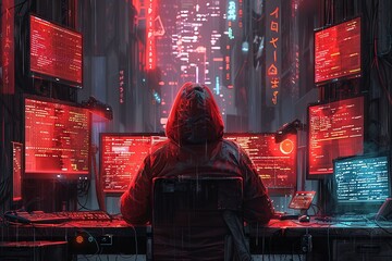 A hacker in a hoodie with the hood up, sitting at a desk surrounded by computer monitors showing lines of code. The dark room is lit only by the glowing screens, with neon accents. Generative AI