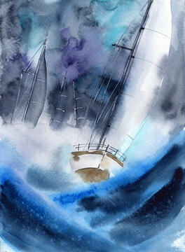Watercolor illustration of four sailing yachts in a raging stormy blue sea among foamy waves (This illustration was drawn by hand without the use of generative AI!)
