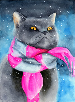 Watercolor illustration of a gray fluffy cat with yellow eyes wearing a striped gray-pink scarf  (This illustration was created without the use of artificial intelligence!)
