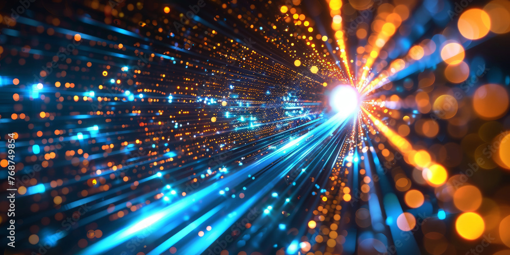Poster abstract background with glowing light rays and digital lines, representing speed of data transfer i