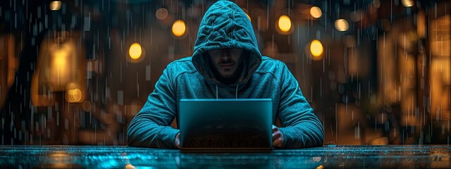 A hacker in the dark wearing a hooded sits at an empty table with his laptop. There is a lot of space for text on one side against a blue background. The image has high resolution, quality, detail, de