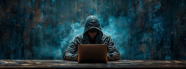 A hacker in the dark wearing a hooded sits at an empty table with his laptop. There is a lot of space for text on one side against a blue background. The image has high resolution, quality, detail, de