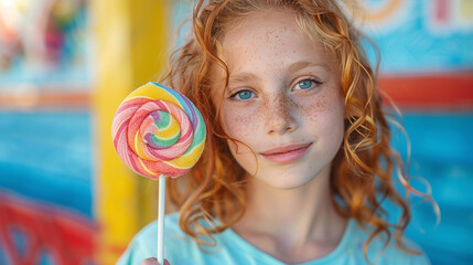 cute caucasian girl holding a colorful lollipop, at the fair park, spring summer outdoor activity for kids, fun time - obrazy, fototapety, plakaty