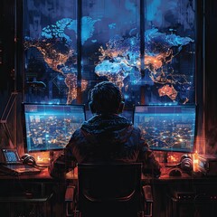 A hacker sitting at his desk in the dark with several monitors, on which he is working on an attack plan for all countries of the planet Earth, in the style of a cyber security concept illustration. G