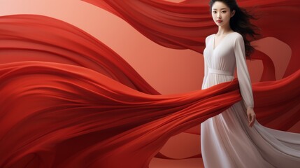 A woman is wearing a white dress and standing in front of a red curtain