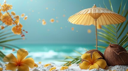 Beach Scene With Yellow Umbrella and Two Coconuts