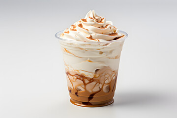 Cup of iced coffee and whipped cream in plastic cup isolated on background