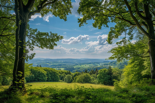 Landscape photo showing the beauty of nature and the environment, with a focus on green trees and clear blue skies.