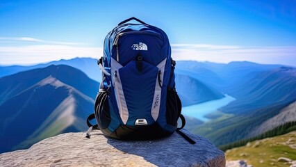 A blue backpack sits on a rock in front of a mountain. The backpack is made by Columbia and is...