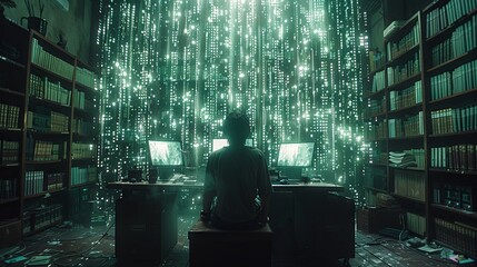 A dark room with binary code and data flowing in the air. A computer screen on a table in the center of the scene. A person sitting at a desk looking into the camera in a futuristic style. Generative 