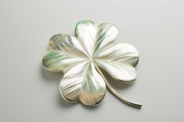 holographic clover in silver color on white background - obrazy, fototapety, plakaty