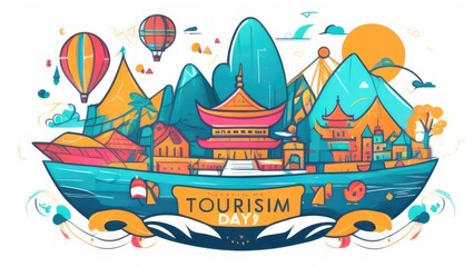 A colorful illustration of a city with a banner that says Tourism Days