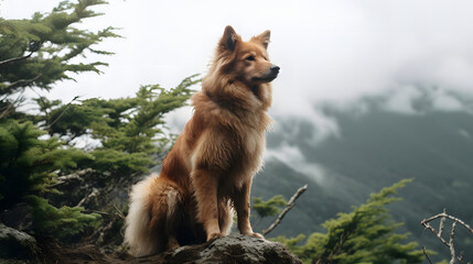 Wild Spirit, A Kai Ken Dog in Japanese Mountain Ranges. Generated AI
