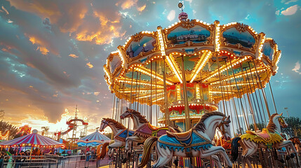 long exposure of carousel at a fair park on a sunset, summer time outdoor activity, summer fun - obrazy, fototapety, plakaty