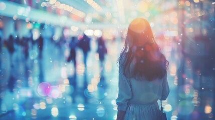 Woman Standing in City at Night - obrazy, fototapety, plakaty