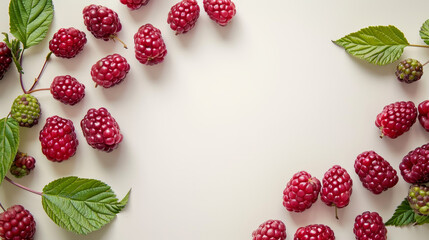 Ripe red raspberries with leaves, isolated on white.
