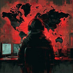 dark hacker silhouette sitting at a table with computers and a map of the world in the background, illustration for stock photo, in the style of digital art. Generative AI