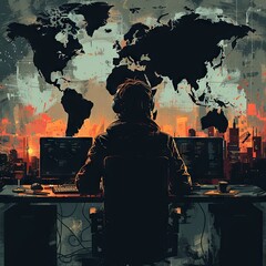 dark hacker silhouette sitting at a table with computers and a map of the world in the background, illustration for stock photo, in the style of digital art. Generative AI