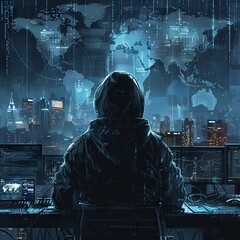 Hacker in a black hoodie sitting at a table with a laptop, on a dark background. Cultivating an atmosphere of mystery and intrigue. The use of shadows adds to the overall sense of anticipation associa