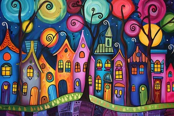 a colorful art painting of a town