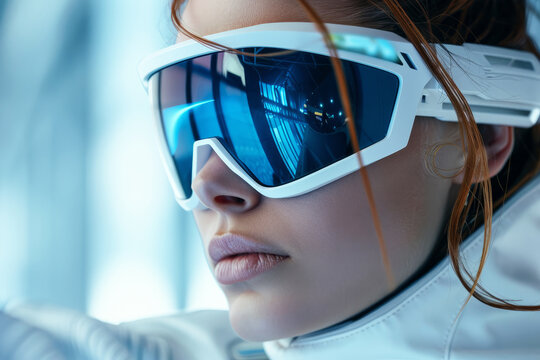 A woman wearing a white shirt and blue glasses. The image conveys a futuristic and stylish vibe, with the woman's outfit. Futuristic high fashion female model with stylish sunglasses