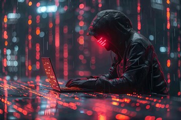 Hacker in a hood using a laptop, coding and data on a code background. Digital symbols and abstract technology concept. Generative AI