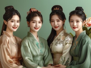 Four young women wearing traditional Chinese clothing pose for a photo