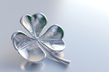 holographic clover in silver color on white background - obrazy, fototapety, plakaty