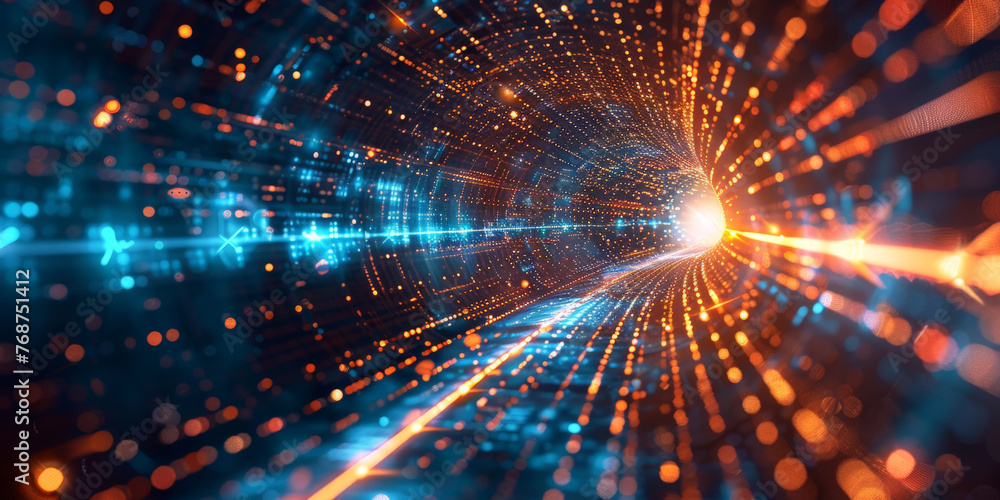 Poster abstract background with glowing light rays and digital lines, representing speed of data transfer i