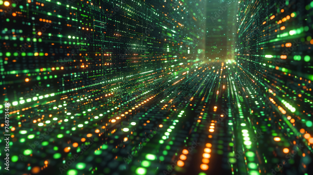 Poster an abstract digital grid with binary code, technology-driven financial world, futuristic technology