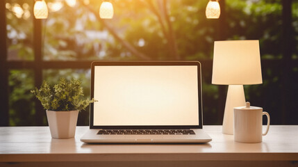 Laptop with blank screen on wooden table with light bokeh background