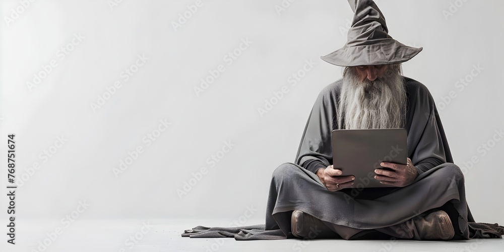 Poster wizard casting digital spells on laptop with code and programming magic on white background