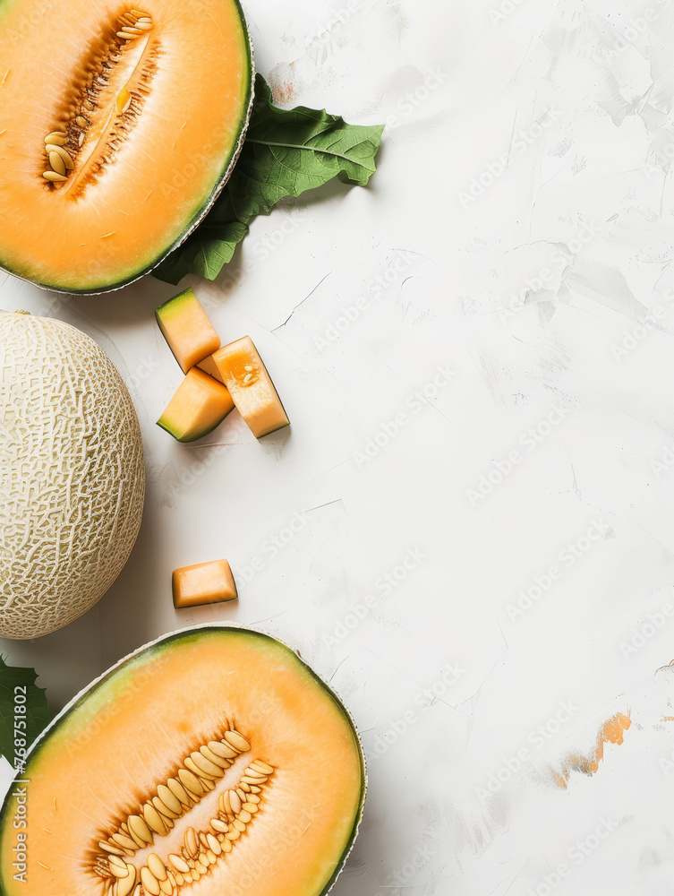 Canvas Prints Freshly cut cantaloupe on a white textured background.