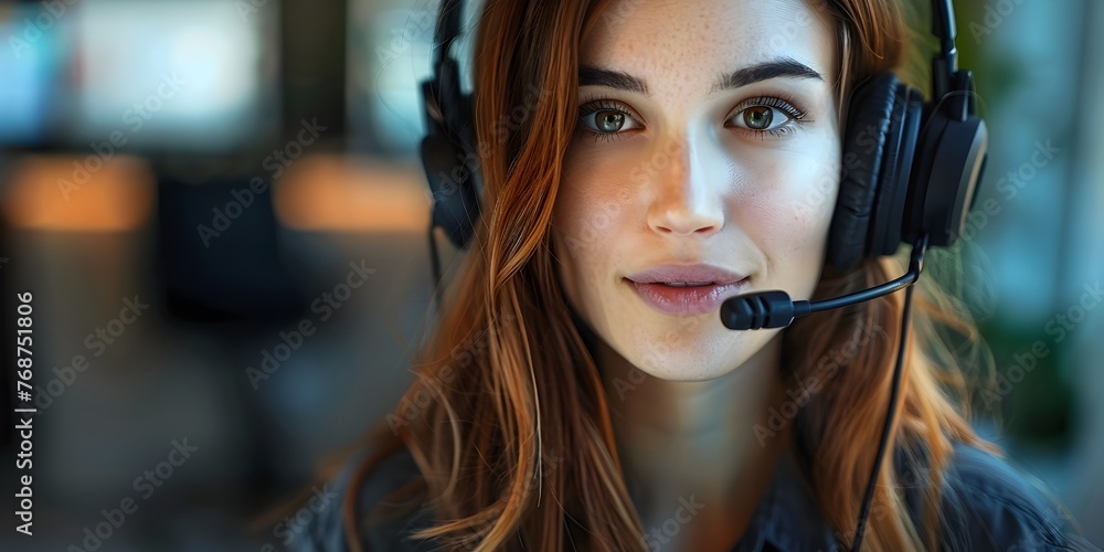 Poster friendly customer service representative assisting with headset and smiling
