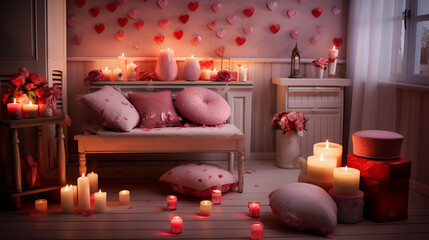 Illustration of Interior of living room decorated for Valentines Day - obrazy, fototapety, plakaty
