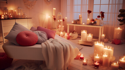  A bedroom decorated with rose petals, heart-shaped balloons, and candles creates a dreamy atmosphere for couples celebrating Valentine's Day. - obrazy, fototapety, plakaty