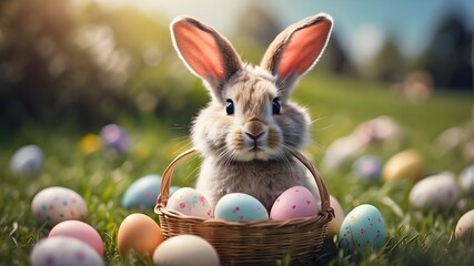 easter bunny and easter eggs, "An English Easter bunny wearing a construction helmet is standing in a grassy meadow. The bunny has fluffy white fur with pastel-colored Easter eggs hidden in its fur. I