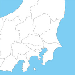 関東地方周辺のシンプルな白地図、県の境界入り、山梨県を含む