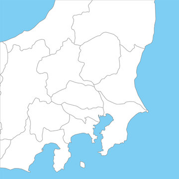 関東地方周辺のシンプルな白地図、県の境界入り、山梨県を含む