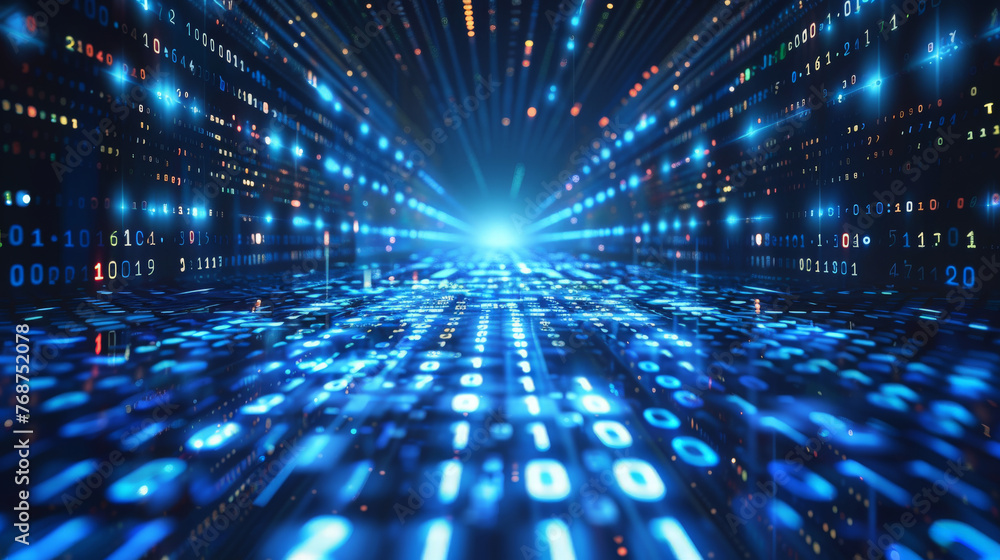 Poster an abstract digital grid with binary code, technology-driven financial world, futuristic technology