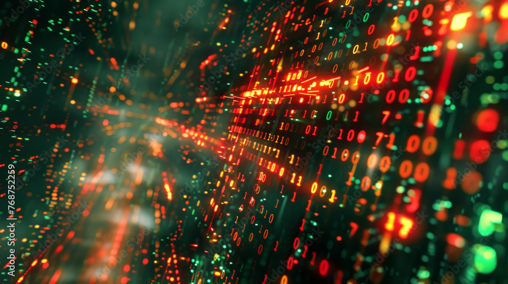Poster an abstract digital grid with binary code, technology-driven financial world, futuristic technology