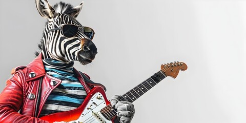 Captivating Zebra Rockstar Shreds Electric Guitar on Vibrant Digital Stage - Powered by Adobe