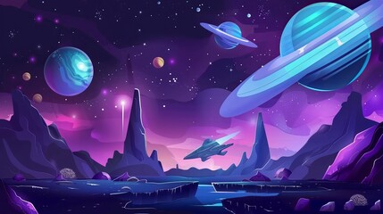 A cartoon 2D GUI landscape for a space game level map, complete with a spaceship and alien planets, suitable for computer or mobile arcades with platforms and bonus items - obrazy, fototapety, plakaty