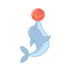 Naklejka premium Cute happy blue dolphin cartoon playing beach ball