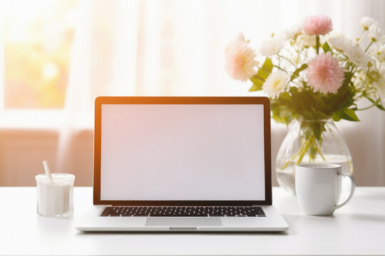 Laptop with blank screen on white table in front of window .