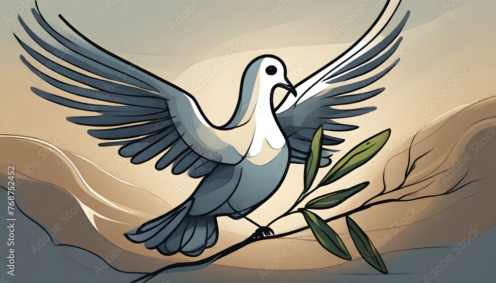 Poster one continuous line drawing of dove with olive branch. bird symbol of peace and freedom. generative 