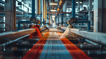 Modern textile factory weaving smart fabrics, integrating technology into wearable materials. - obrazy, fototapety, plakaty