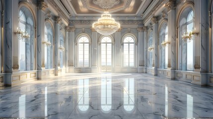 Majestic Interiors of a Luxurious Ballroom Palace with Stunning Marble Floors and Ornate Chandeliers